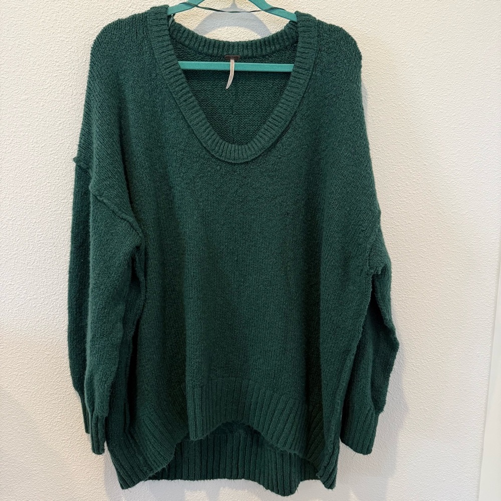 Free People Brookside Green Tunic Sweater Oversized Cozy Slouchy Retro Snuggly L